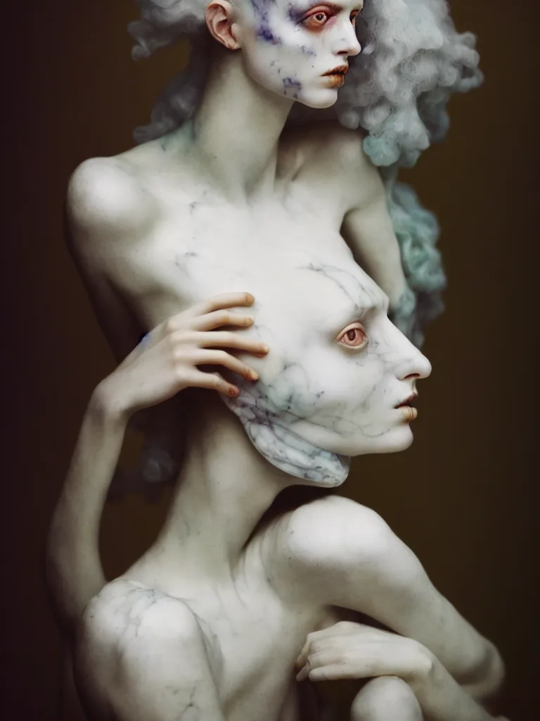 Image similar to cinestill 5 0 d photo portrait of a beautiful hybrid woman in style of tim walker by roberto ferri, weird marble body intricate detailed, hair is intricate gnarled marble, 5 0 mm lens, f 1. 4, sharp focus, ethereal, emotionally evoking, head in focus, bokeh volumetric lighting, tonal colors outdoor