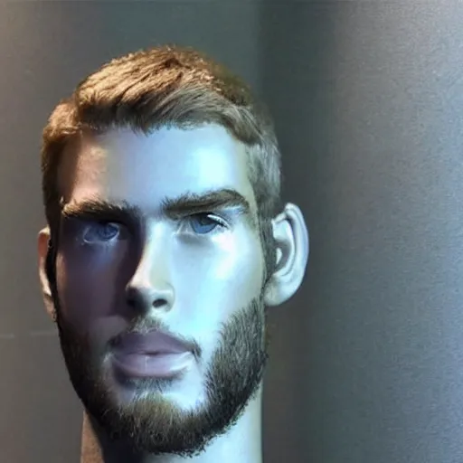 Image similar to “ a realistic detailed photo of a guy who is an attractive humanoid who is half robot and half humanoid, who is a male android, actor liam hemsworth, shiny skin, posing like a statue, blank stare, at the museum, on display ”