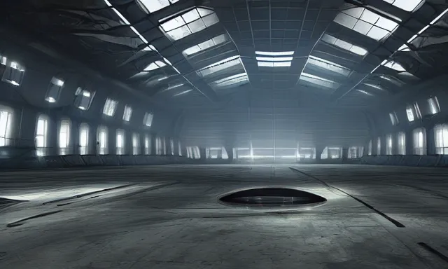 Image similar to matte painting, digital painting, high quality, unreal engine 5, a sci fi hangar