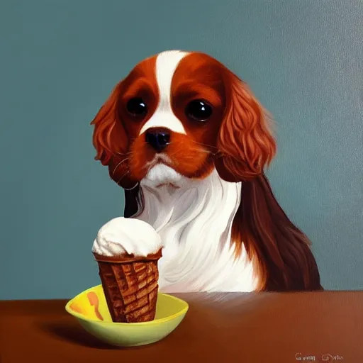 Prompt: king charles spaniel serving ice cream, ice cream store, oil painting, digital art, artstation