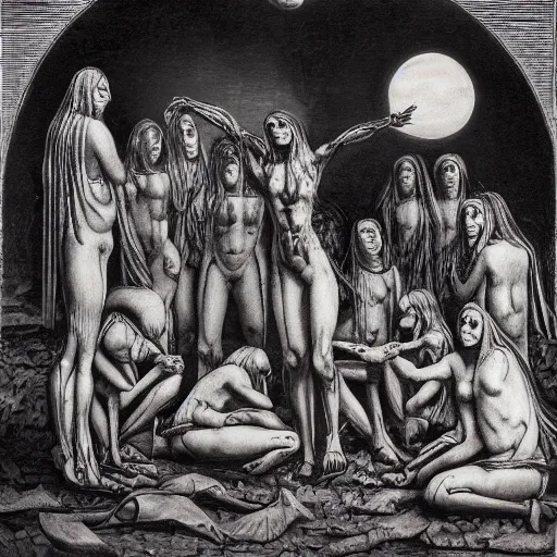 Prompt: Members of a cult gather and summon a Blood Moon, surreal, dark, detailed, intricate, unique made by Leonardo Da Vinci and H R Giger