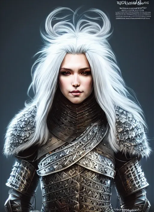 Image similar to fur leather armor!!! long wild white hair!! covered chest!!! fantasy, d & d, intricate ornate details, symmetry, concept art, sharp focus, illustration, art by artgerm! greg rutkowski magali villeneuve wlop! ilya kuvshinov!!, octane render, unreal engine 5, highly rendered!!