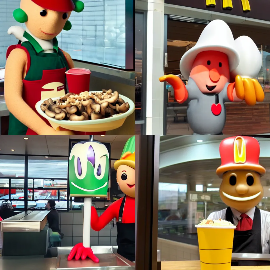 Prompt: mushroom person working at a mcdonalds