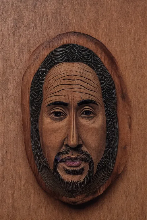 Image similar to Portrait of Nicholas Cage, colored Japanese wood carving