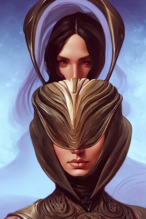 Image similar to a beautiful exotic female fremen, in a still suit on dune, dark fantasy, intricate, elegant, highly detailed, digital painting, artstation, concept art, matte, sharp focus, illustration, art by artgerm and alphonse mucha