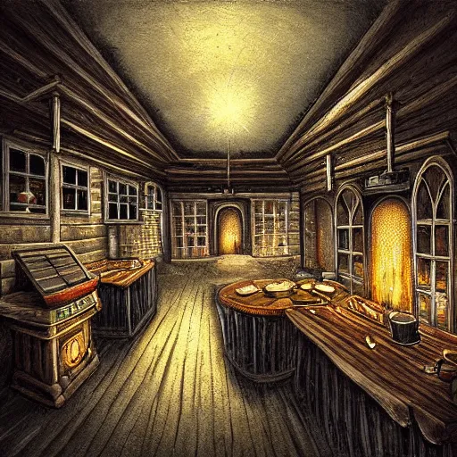 Prompt: interior of a dark butcher shop lit by an eerie fireplace, dark fantasy, night, by anne stoke, digital art