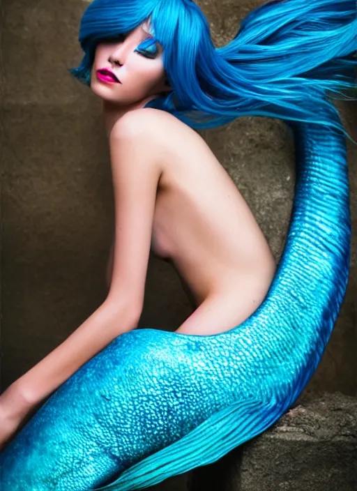 Image similar to hyper realistic fashion photography of a beautiful mermaid with a beautiful blue tail