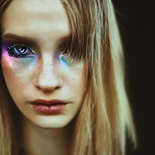 Image similar to grainy color polaroid of a beautiful feminine alien, iridescent eyes, overtaken by darkness, dreamlike, intricate detail, sigma 85mm f/1.4, 4k