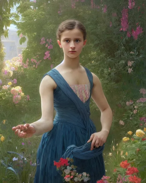 Image similar to a portrait painting of a shy, blushing 1 6 - year old alicia vikander or millie bobby brown as a ballerina in her flower garden with lanterns, intricate, elegant, highly detailed, artstation, concept art, by krenz cushart and donato giancola and william adolph bouguereau and alphonse mucha