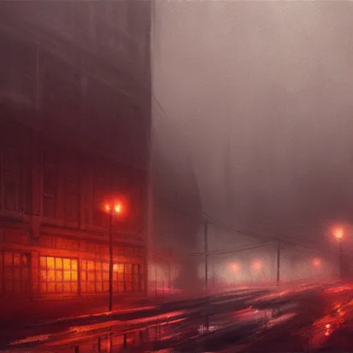 Prompt: A dark painting of a city shrouded in fog and illuminated by red streetlights, abandoned buildings, view from the street, by Greg Rutkowski, trending on artstation