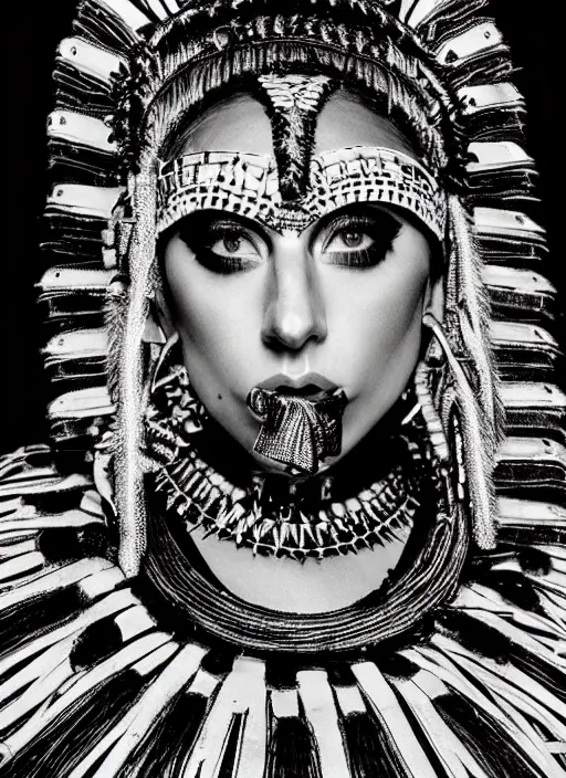 Image similar to lady gaga as a tribal woman, intricate, cinematic lighting, highly detailed, canon 3 5 mm photography, horizontal symmetry, smooth, sharp focus