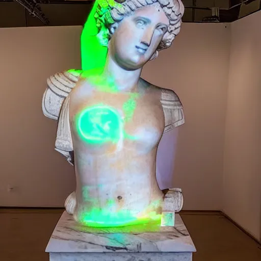 Image similar to Greek marble statue of a beautiful goddess covered in neon paint at a museum.