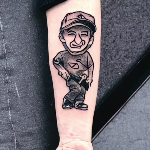 Image similar to action figure of thin white male wearing a black baseball cap and black graphic t - shirt, american traditional tattoos on legs and left arm, 4 k,