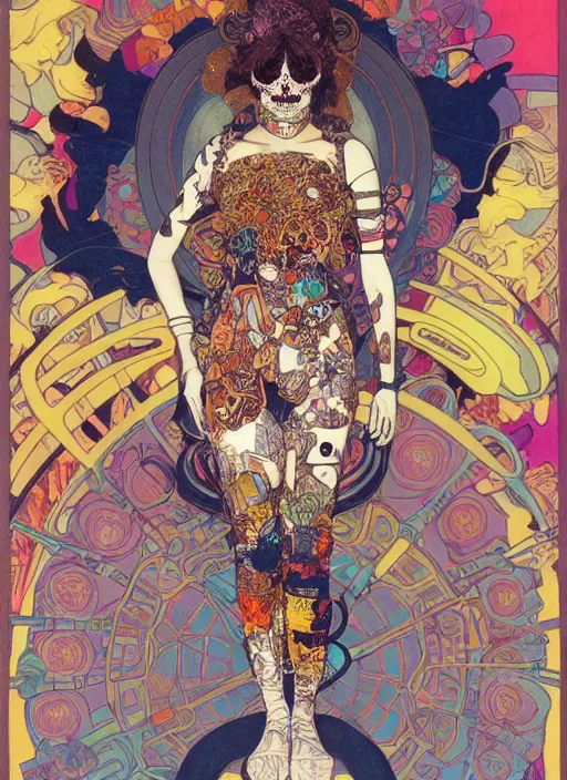 Image similar to cute punk goth fashion fractal Día de los Muertos tattooed girl posing in a astronaut suit, psychedelic poster art of by Victor Moscoso Rick Griffin Alphonse Mucha Gustav Klimt Ayami Kojima Amano Charlie Bowater, masterpiece