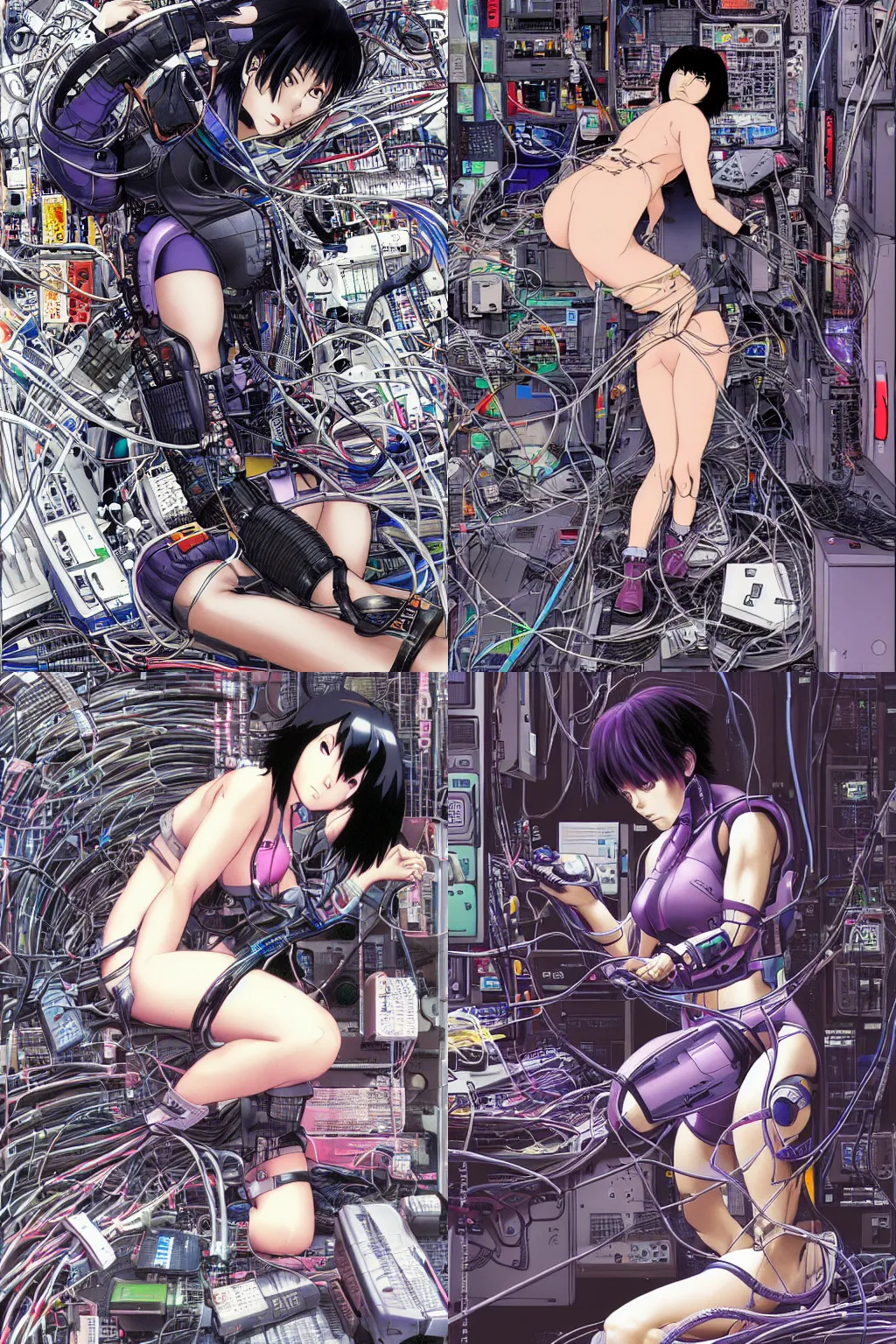 Prompt: motoko kusanagi kneeling on the floor in a tech lab, with a mess of wires and cables coming out of her head and backside, by masamune shirow and katsuhiro otomo, illustration, cyberpunk, hyper-detailed, colorful, complex, intricate