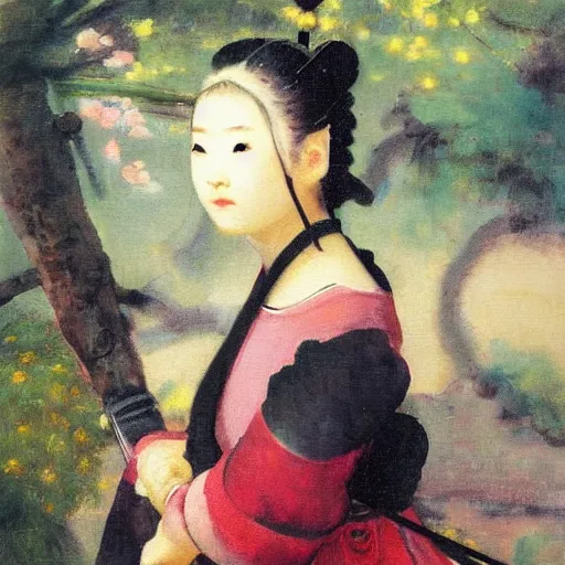 Prompt: portrait of cute ninja girl in sakura garden, oil painting by Rembrandt