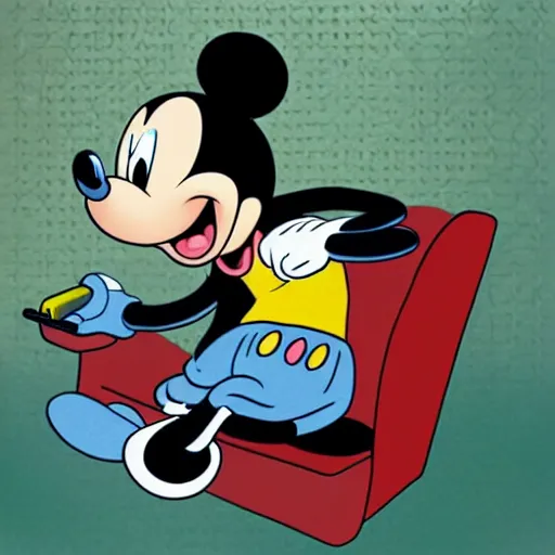 Prompt: mickey mouse with stoned eyes smoking a bong while sitting on a couch, messed apartment, amazing digital art, highly detailed