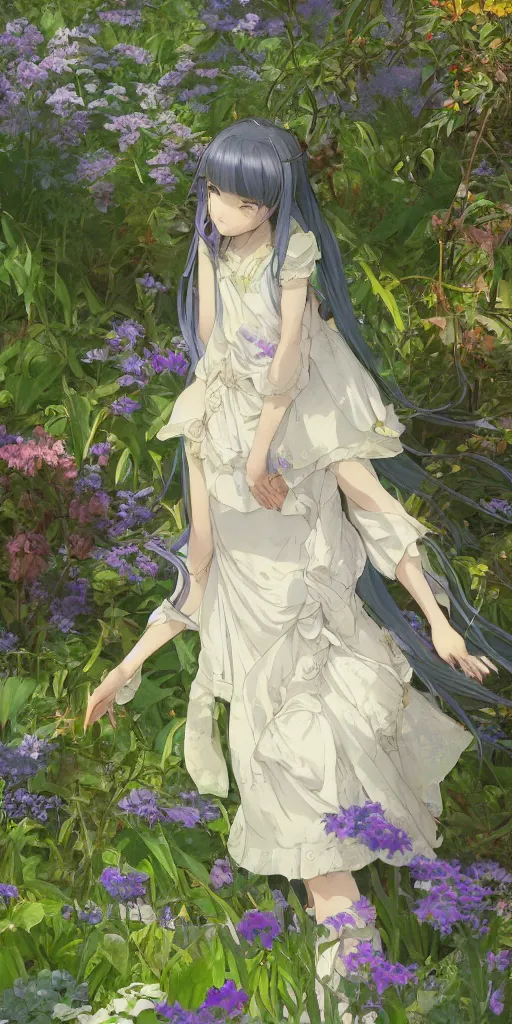 Image similar to a digital art of a loli with long hair in a dress in the privet garden at after noon, green and warm theme, mediumslateblue flowers, back lighting, by krenz cushart and mucha and akihito yoshida and greg rutkowski and makoto shinkai, highly detailed, 4 k resolution, trending on art station