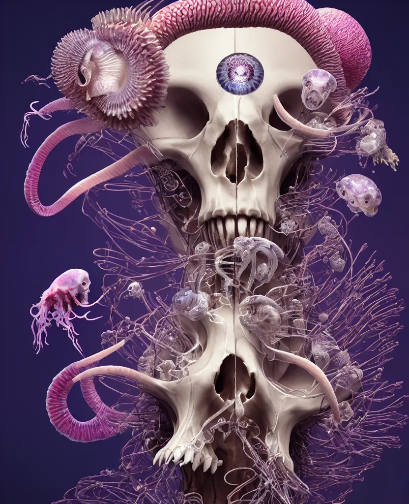 Image similar to goddess close-up portrait ram skull, thorax, x-ray, backbone, jellyfish phoenix head, nautilus, orchid, skull, betta fish, bioluminiscent creatures, intricate artwork by Tooth Wu and wlop and beeple. octane render, trending on artstation, greg rutkowski very coherent symmetrical artwork. cinematic, hyper realism, high detail, octane render, 8k