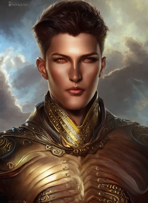 Image similar to a higly detailed airbrush full body shot and face portrait painting of a fantasy male character, pathfinder, dynamic lighting, ambient lighting, deviantart, art by artgerm, karol bak