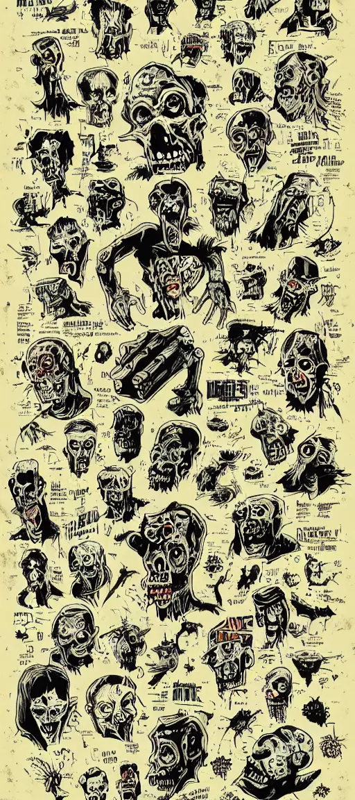 Prompt: full page lithograph of different zombies, lithographics, color, white paper, labeled diagram, illustration, detailed, intricate, vector, vector aesthetics