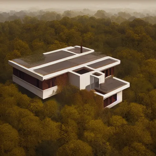 Image similar to rectangular modernist house inspired by a tibetan palace, surrounded by thick collumns, two levels, in a field, big trees, clouds, dramatic lighting, artstation, matte painting, raphael lacoste, simon stalenhag, frank lloyd wright, drone view