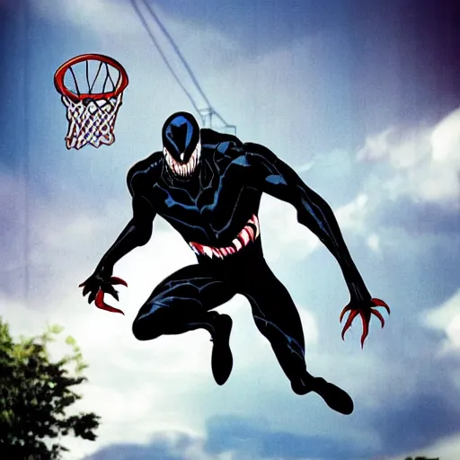 Prompt: venom from marvel doing a slam dunk in basketball