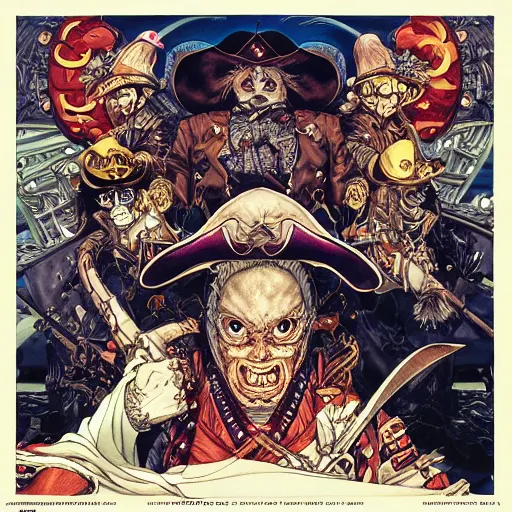 Image similar to portrait of crazy pirate, symmetrical, by yoichi hatakenaka, masamune shirow, josan gonzales and dan mumford, ayami kojima, takato yamamoto, barclay shaw, karol bak, yukito kishiro