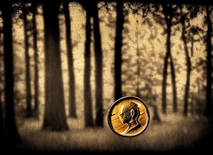 Image similar to old retro burnt out sepia photograph with scratches of an old and wrinkled man biting into a golden coin with his teeth. magical forest in the background with bokeh. Antique. High quality 8k. Intricate. Sony a7r iv 35mm. Award winning.