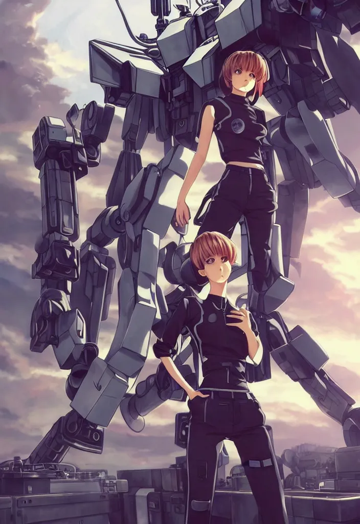 Image similar to beautiful full body portrait of one anime female with short hair, wearing mechanic clothing, in a mech repair facility standing in front of a gigantic gundam style mech, drinking soda, D&D, fantasy, intricate, elegant, highly detailed, digital painting, artstation, concept art, smooth, sharp focus, illustration, art by artgerm and KyuYong Eom and WLOP and Krenz Cushart and greg rutkowski and alphonse mucha