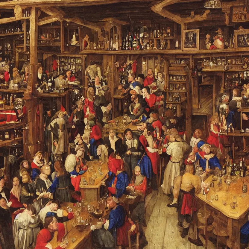 Prompt: medieval pub full of people