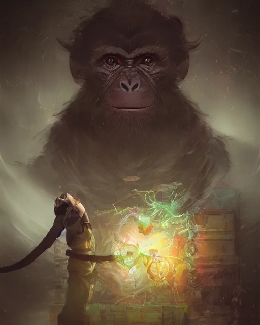Image similar to Monkey Scientist, Experiment in Laboratory, clothed, D&D, artstation, fantasy, magic the gathering artwork, cinematic lighting, centered, symmetrical, highly detailed, digital painting, , concept art, smooth, sharp focus, illustration, volumetric lighting, epic Composition, 8k, art by Akihiko Yoshida and Greg Rutkowski and Craig Mullins, oil painting, cgsociety
