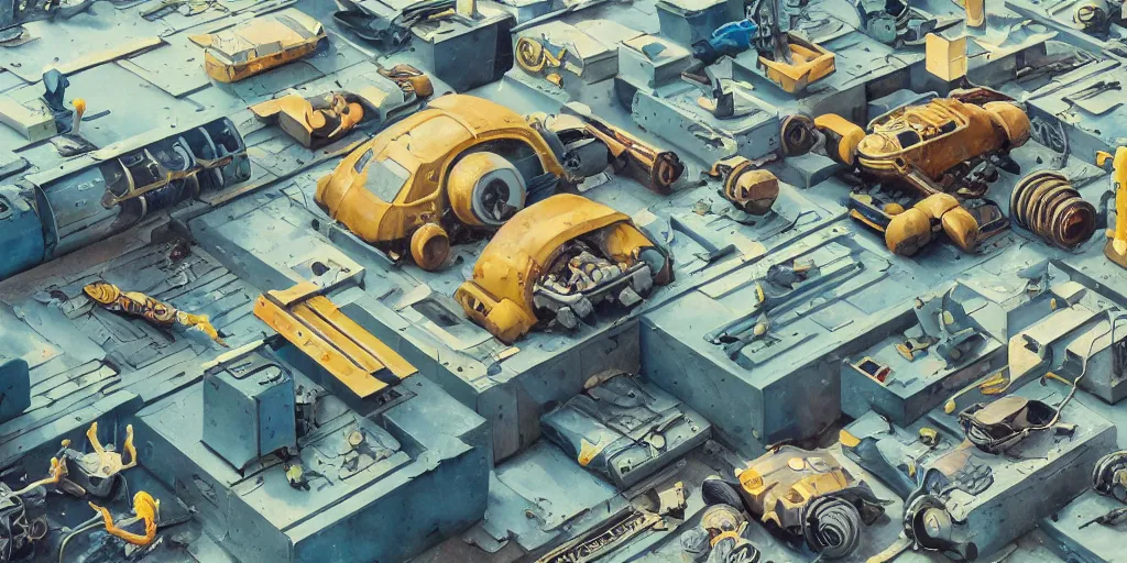 Image similar to collection of exploration of form and shapes, props, hard surface, panel, simon stalenhag, kitbash, items, gadget, big medium small, close up, vehicles, futuristic, parts, machinery, greebles, insanely detailed, case, hardware, golden ratio, wes anderson color scheme, in watercolor gouache detailed paintings