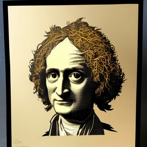 Image similar to individual isaac newton with a big wig silk screen banksy style