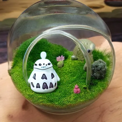 Image similar to a terrarium that has a cute wee village and totoro living inside it, studio ghibli