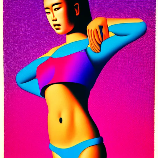 Image similar to bikini model by shusei nagaoka, kaws, david rudnick, airbrush on canvas, pastell colours, cell shaded, 8 k