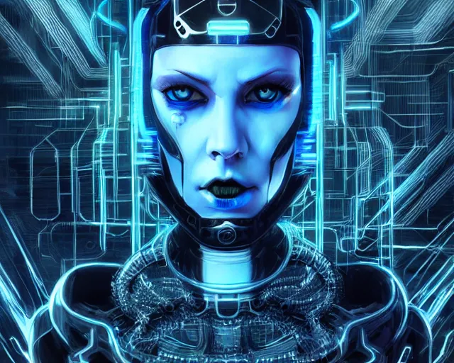Prompt: funny blue eyes goth queen in cyborg cable suit, intricate abstract. intricate artwork, by tooth wu, wlop, beeple, dan mumford. concept art, octane render, trending on artstation, greg rutkowski very coherent symmetrical artwork. cinematic, key art, hyper realism, high detail, octane render, 8 k, iridescent accents