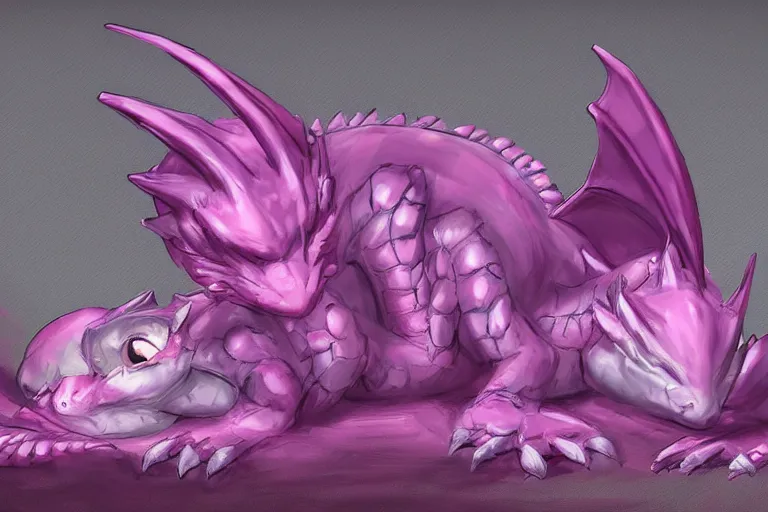 Prompt: sleeping baby dragon, light magenta, concept art, trending on artstation, artstation HQ, HD, 4k