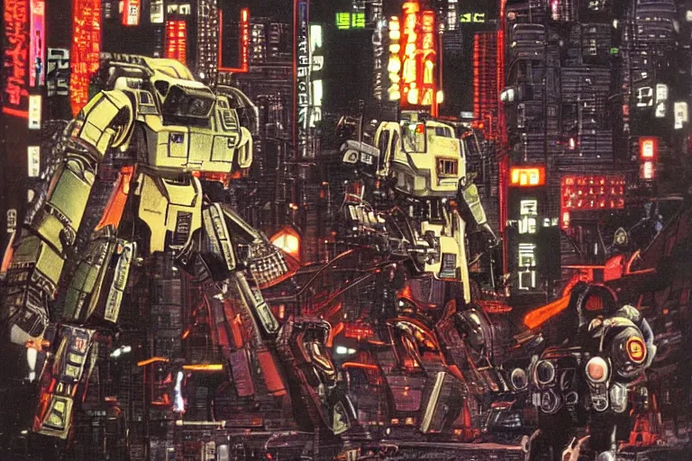 Prompt: 1 9 7 9 science fiction depicting mechwarrior in neo - tokyo. art by tim conrad and vic bonilla