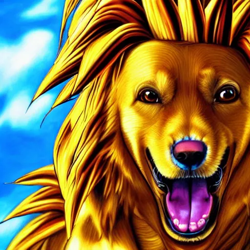 Image similar to ultra realistic portrait painting of a golden retriever as super saiyan goku, art by akira toriyama, 4 k, dragon ball artstyle, cel shaded, highly detailed, epic lighting