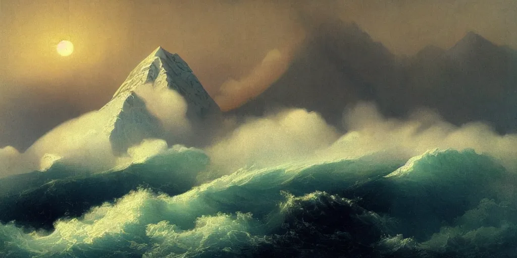 Image similar to A tsunami crashes over Mount Everest in the style of Ivan Aivazovsky