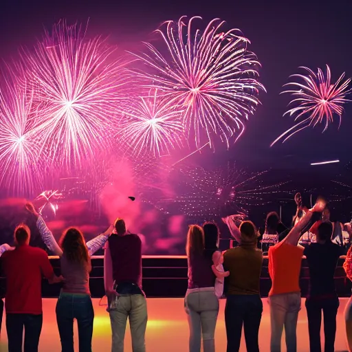 Image similar to 8 k hd detailed octane render of people watching a fireworks show at night