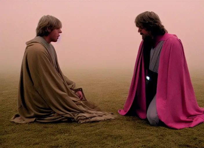 Image similar to Luke skywalker kneels before a strange jedi oracle, a mystic with infinite knowledge of time. in a foggy pink land. still from the 1983 film directed byalejandro jodorowsky. holy mountain, Photographed with Leica Summilux-M 24 mm lens, ISO 100, f/8, Portra 400