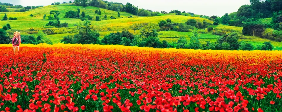 Prompt: movie scene with a beautiful flower field