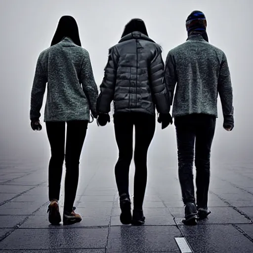 Prompt: 4 friends walking front view on foggy Mars in the future walking together all wearing stylish futuristic clothing picture taken with 35 mm camera, intricate, 4k, hd, super detailed, realistic, award-winning picture