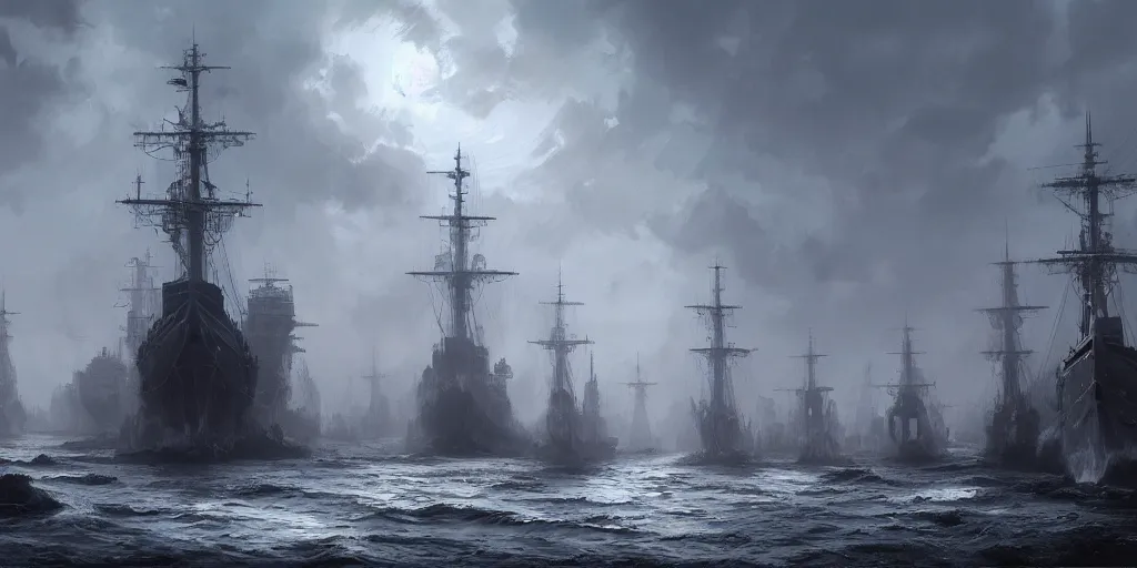 Prompt: the naval ghost fleet, by Andreas Rocha + Ted Nasmith, dark, cinematic lighting, masterpiece, highly detailed, 8k resolution, trending on art station