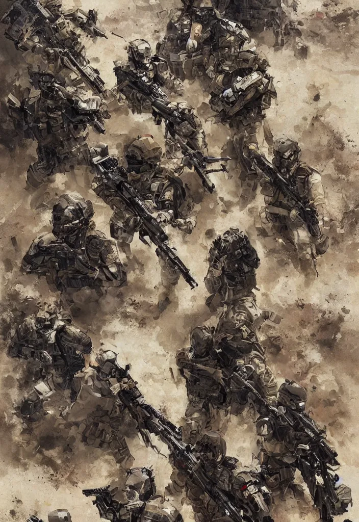 Image similar to Soldiers aim their Desert Eagles at each other's heads in a Mexican standoff, by Greg Rutkowski, hyper detailed modern European ink painting, symmetry, a masterpiece, inspired by Metal Gear Solid, movie poster art