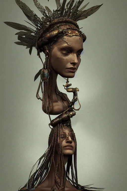 Prompt: a woman wearing a headdress and a necklace, a bronze sculpture by Bastien Lecouffe-Deharme, trending on cgsociety, afrofuturism, zbrush, daz3d, detailed painting