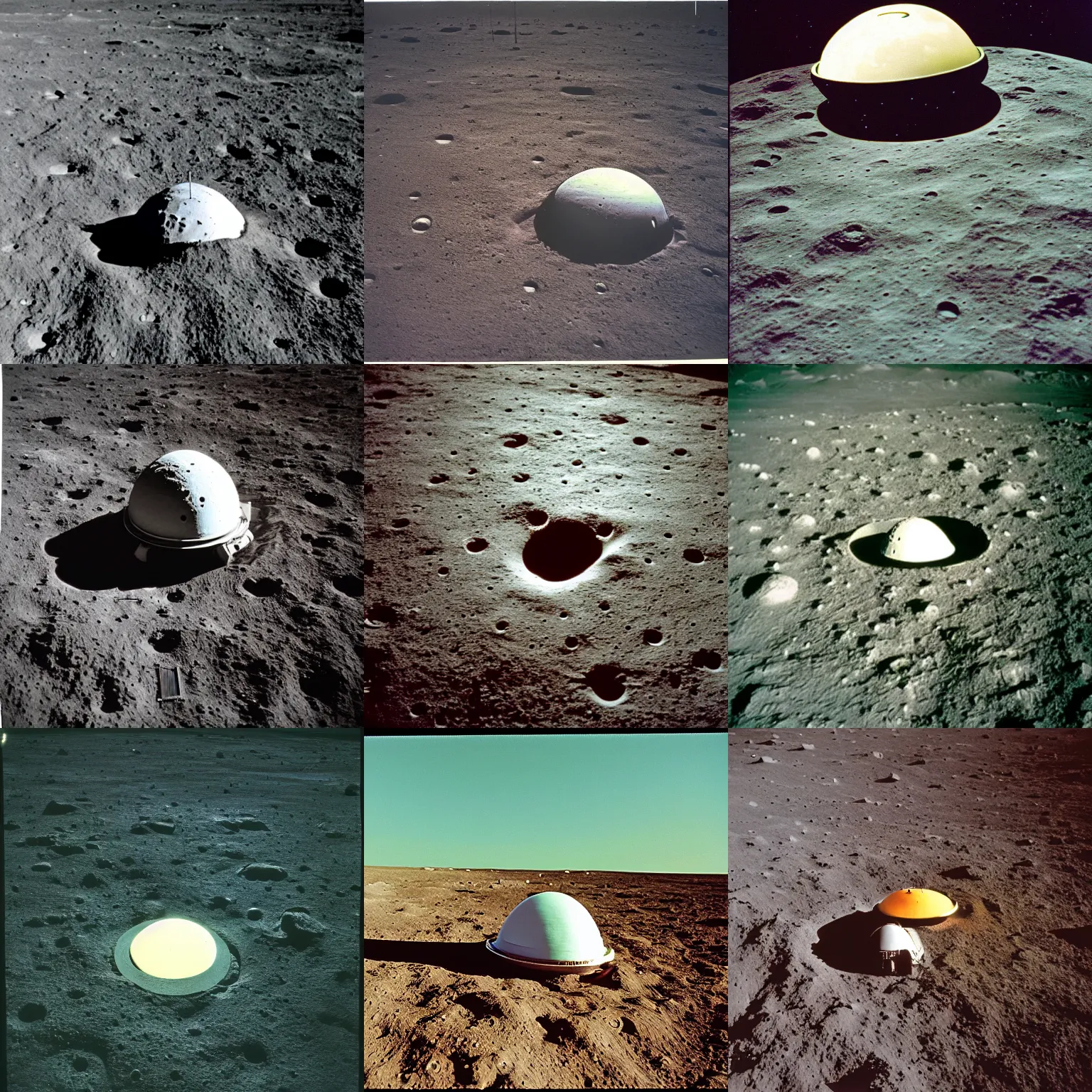 Prompt: flying saucer buried on the moon, photo, kodachrome, 1975