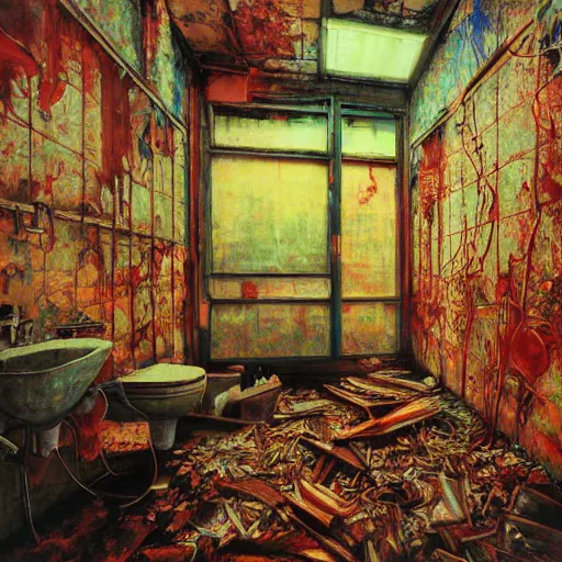 Prompt: Grungey toilet filled with pad Thai, brown sauce, in derelict abandoned bathroom, Vibrant colors, irrdescent glow, Tonalism Painting by Ayami Kojima,